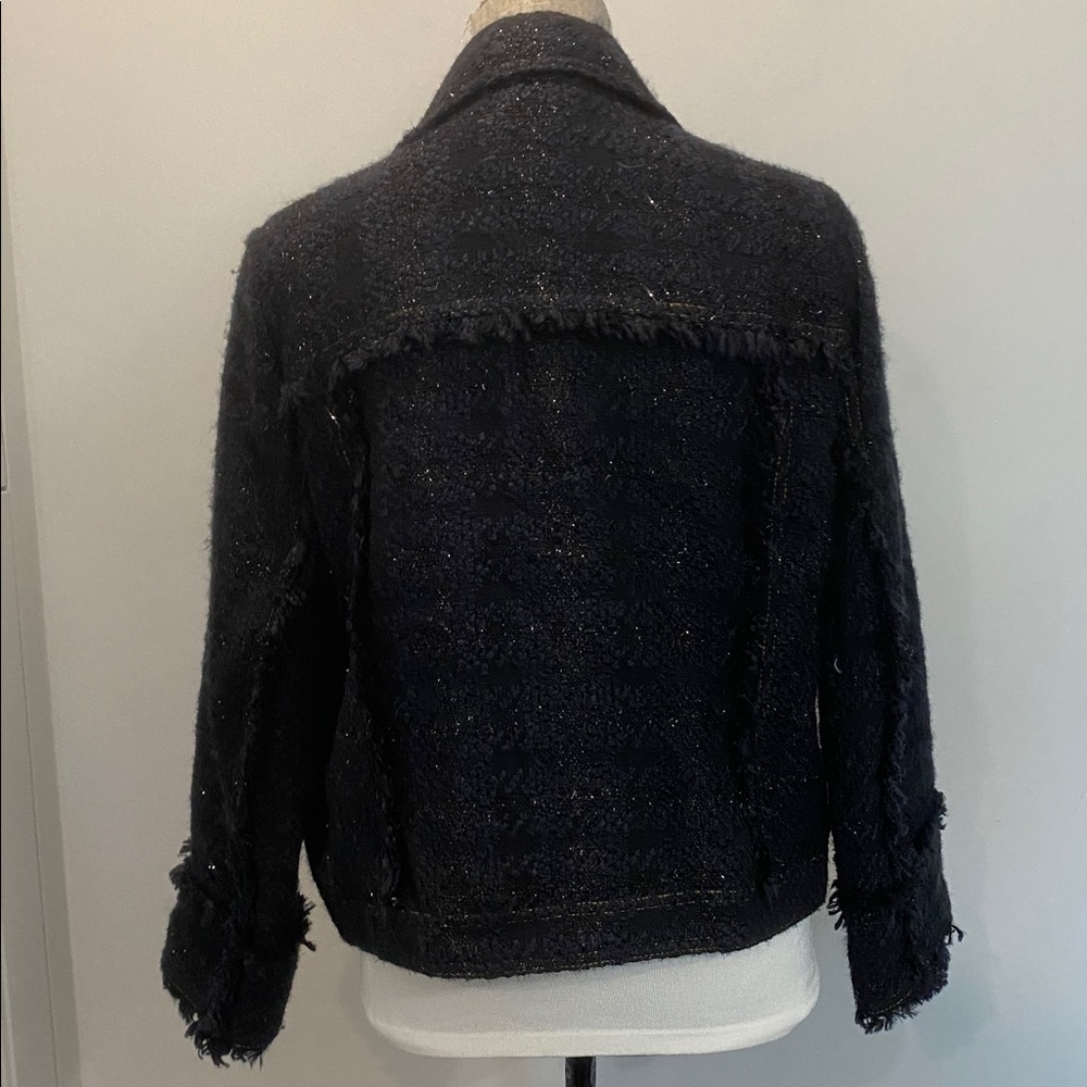 Tory Burch Black Bouclé Tweed Blazer Zip Lady Like Size 12 Fringe Detail Jacket - Picture 9 of 15